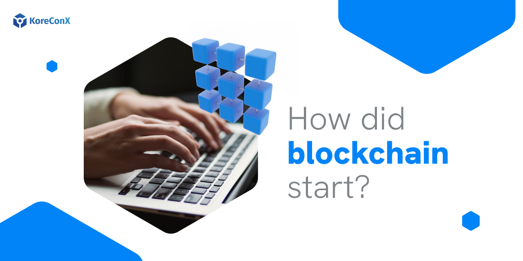 Person typing on a laptop with blockchain cubes emerging, text reads 'How did blockchain start?'