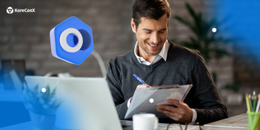 A smiling man reviewing documents with a digital icon overlay, representing transfer agents using digital tools for efficient data management