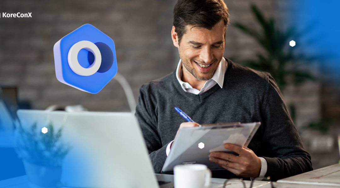 A smiling man reviewing documents with a digital icon overlay, representing transfer agents using digital tools for efficient data management